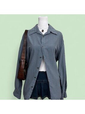 blue striped indie skater silk button up shirt